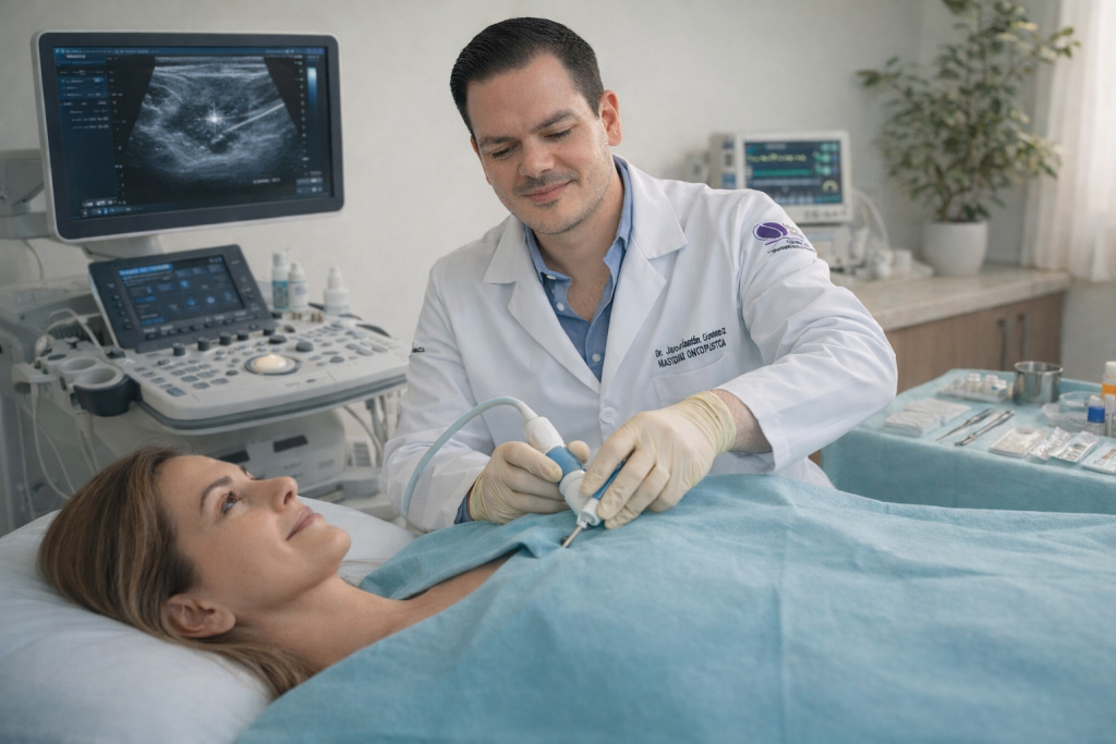 Médico mastólogo realizando biopsia core de mama con guía por ultrasonido a paciente en consultorio especializado